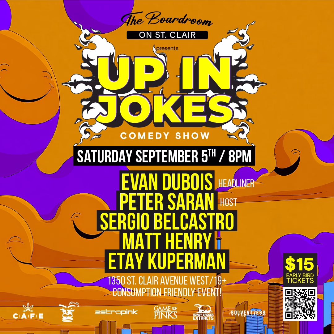 Up in Jokes comedy show poster – The Boardroom Comedy Club, 1350 St. Clair Ave West, Toronto, Sat Sept 5 8PM