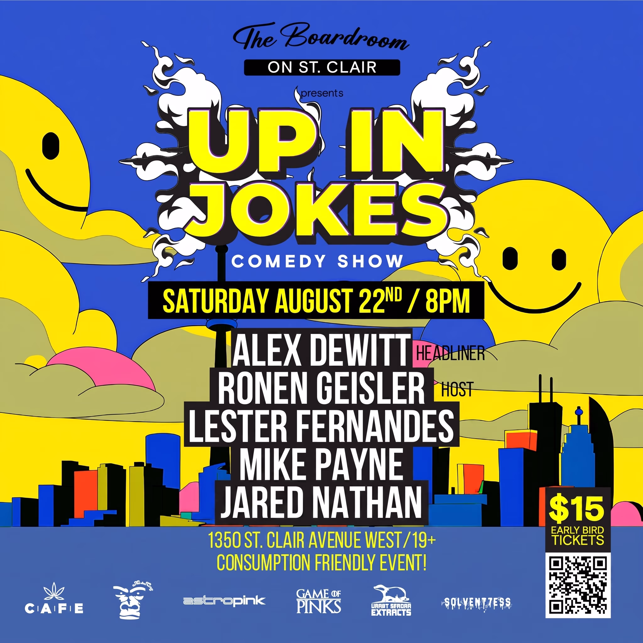 Up in Jokes Toronto Comedy Show August 22nd 2026 at The Boardroom Comedy Club