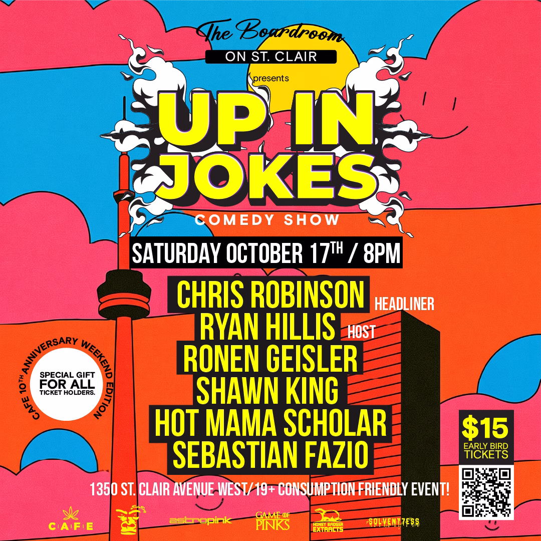Up in Jokes comedy show poster for Saturday, Oct 17 at 8PM at The Boardroom Comedy Club, 1350 St. Clair Ave West, Toronto